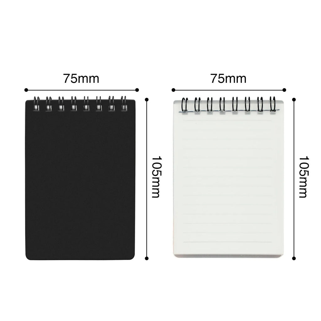 A5 spiral-bound business notepad with black and white transparent PP cover and an included pen.