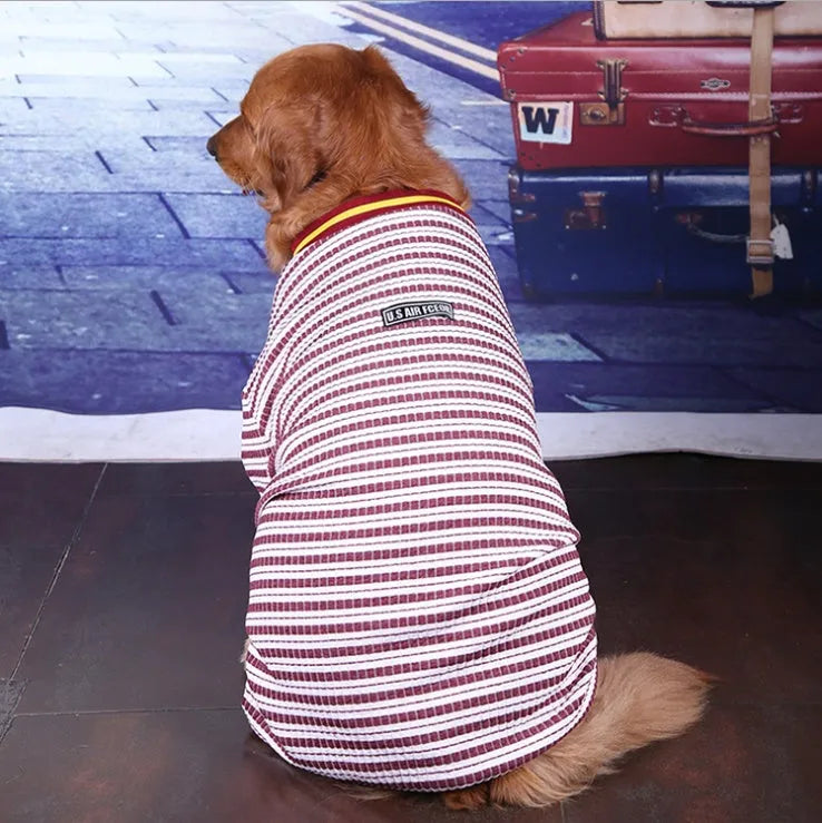 Cotton long sleeve dog shirt for medium and large dogs, sizes 30-36, blue or red, four-legged design.
