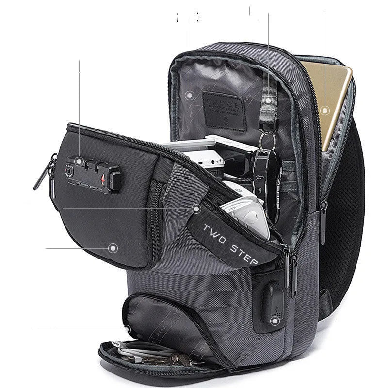 Men's Oxford cloth sling bag in black, 21x12x35cm, with three compartments and iPad pocket