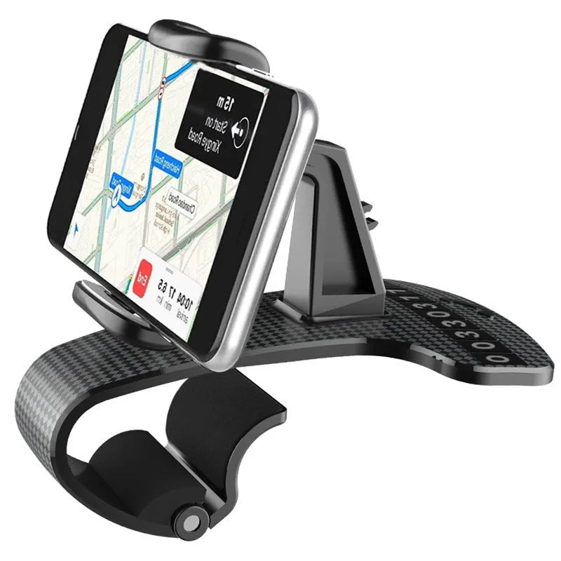 Black universal car phone mount with 360-degree rotating head on a car dashboard.