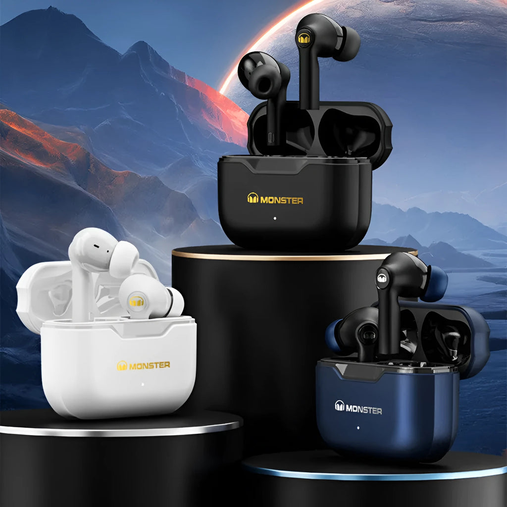 True wireless Bluetooth headset in black, white, or blue colours with in-ear design