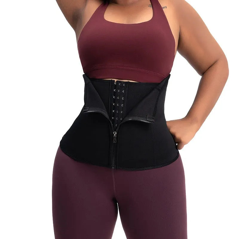 Neoprene body shaping belly band in black, shown flat, with a buckle or fastener visible.