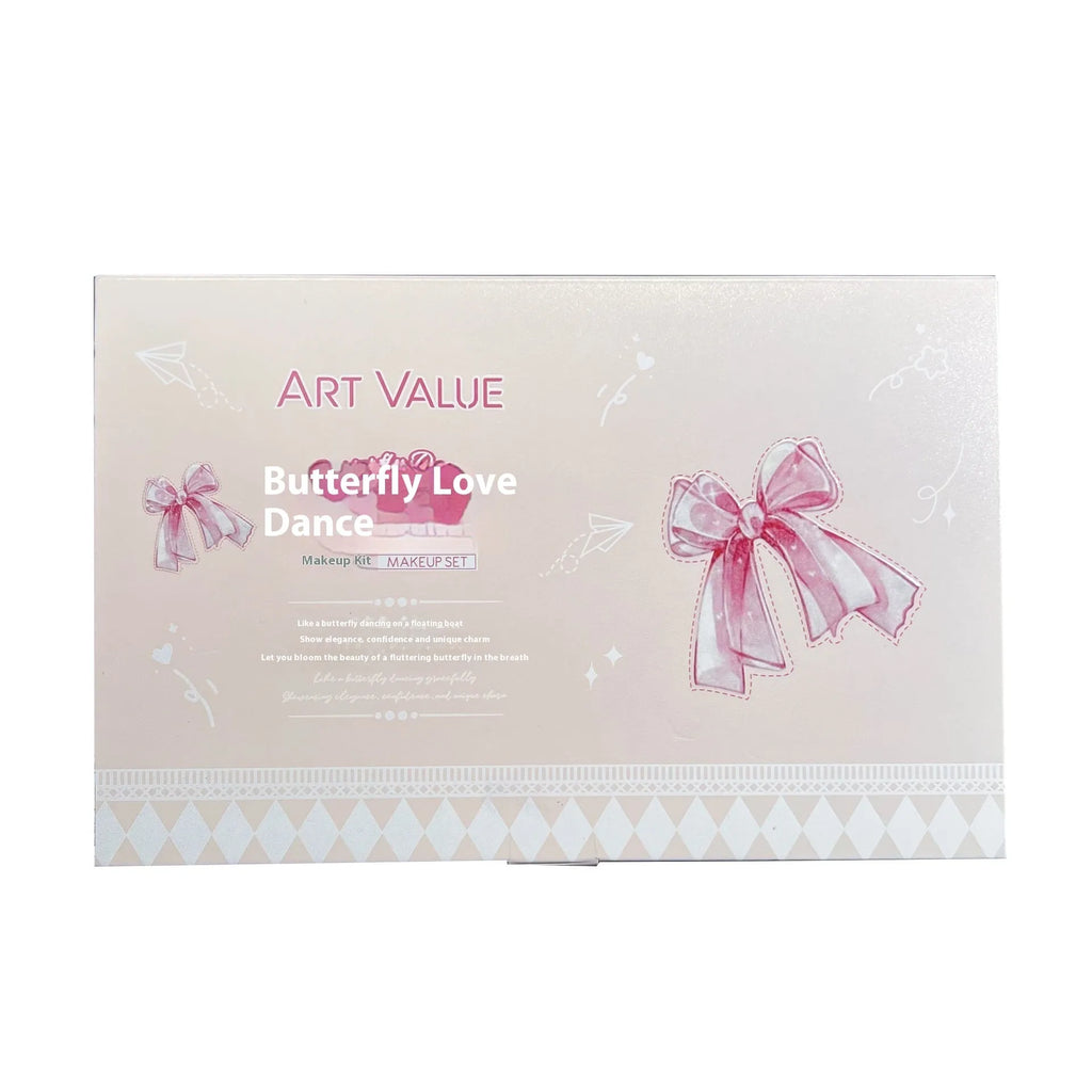 Butterfly Box makeup set showing pink lip muds, blush and butterfly necklace
