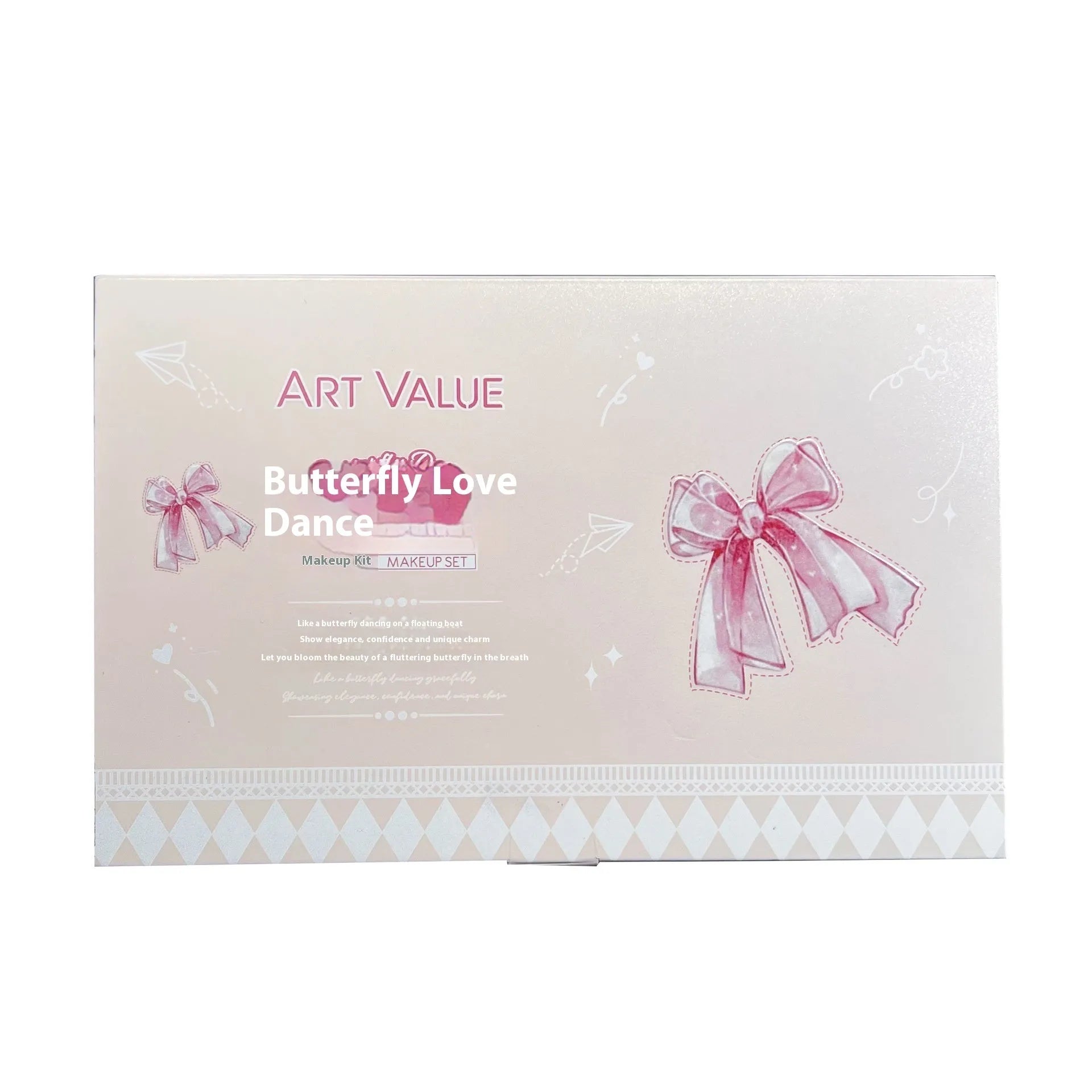 Butterfly Box makeup set showing pink lip muds, blush and butterfly necklace