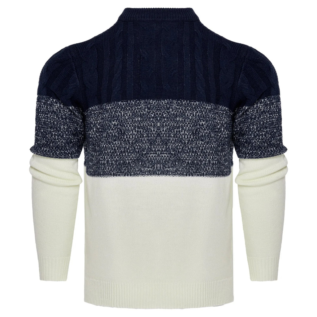 A man's knitted long-sleeved pullover sweater for fall and winter wear.
