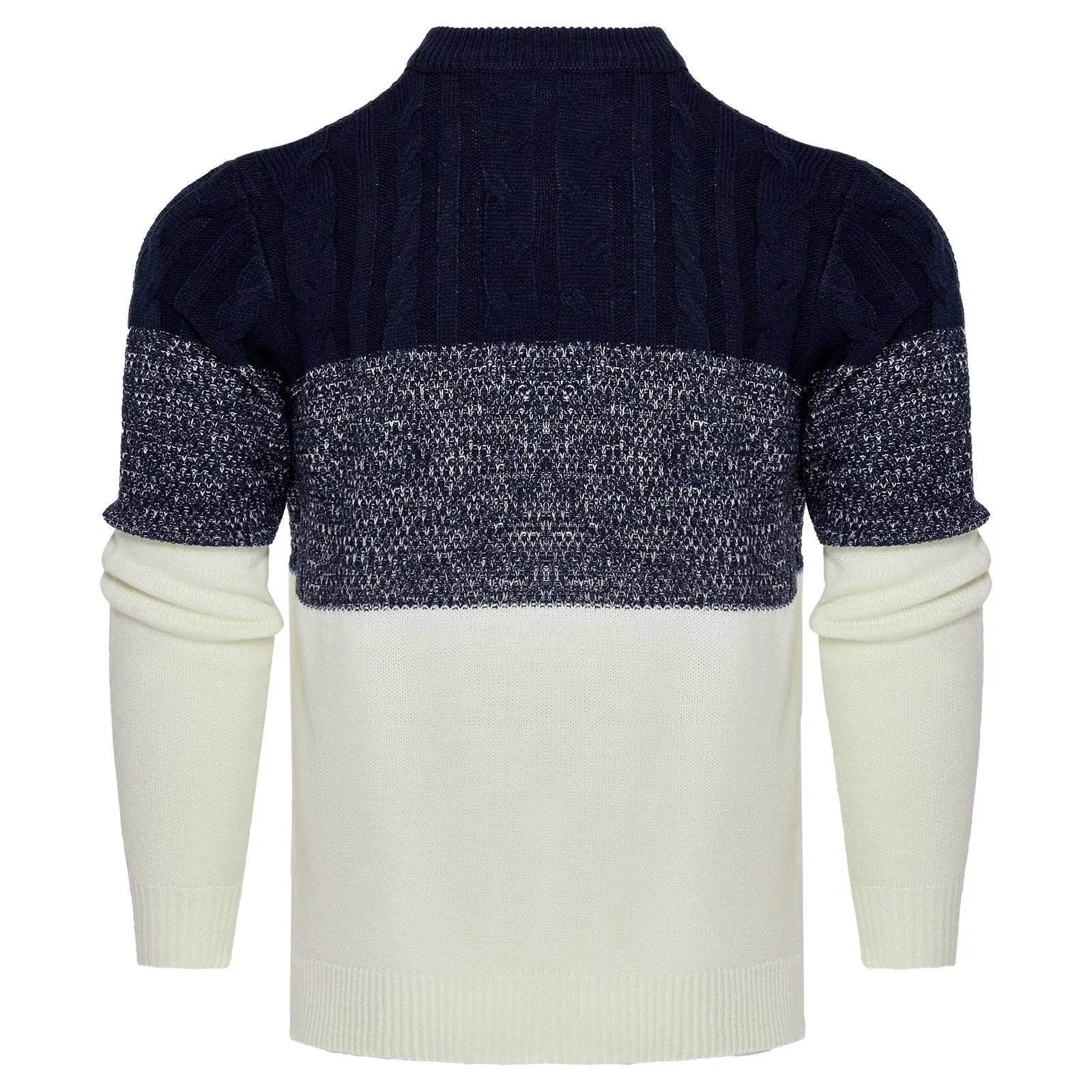 A man's knitted long-sleeved pullover sweater for fall and winter wear.