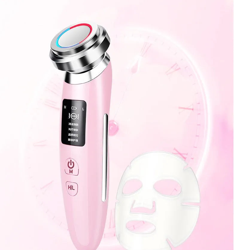 Pink USB-rechargeable facial cleansing beauty instrument measuring 185mm long