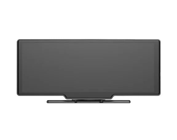 10-inch black car smart touchscreen with CarPlay display and front and rear recording camera.