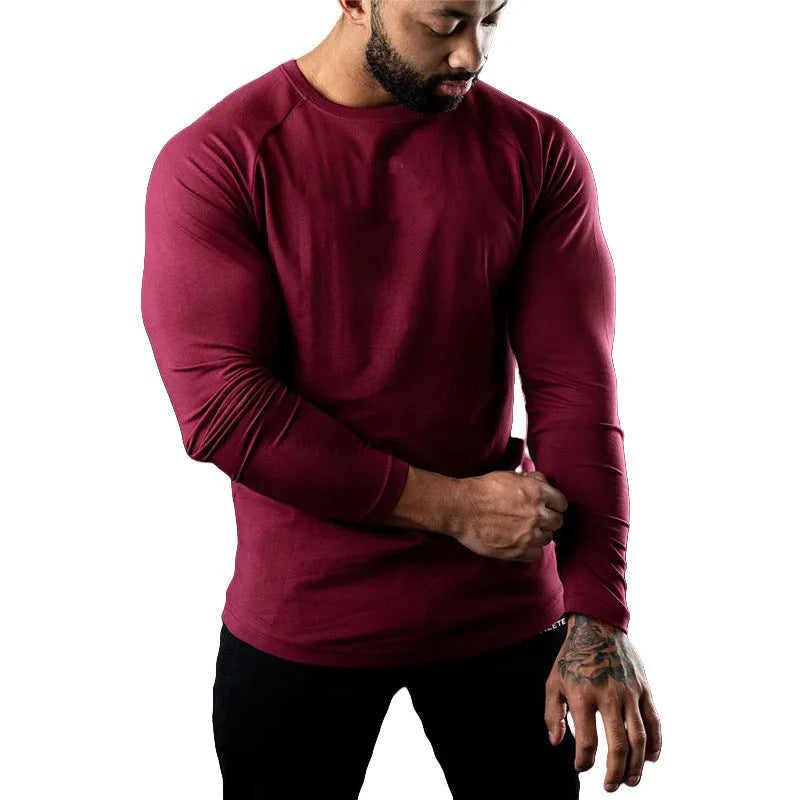 Men's long sleeve cotton sports T-shirt in Army Green with round neck and quick-drying properties