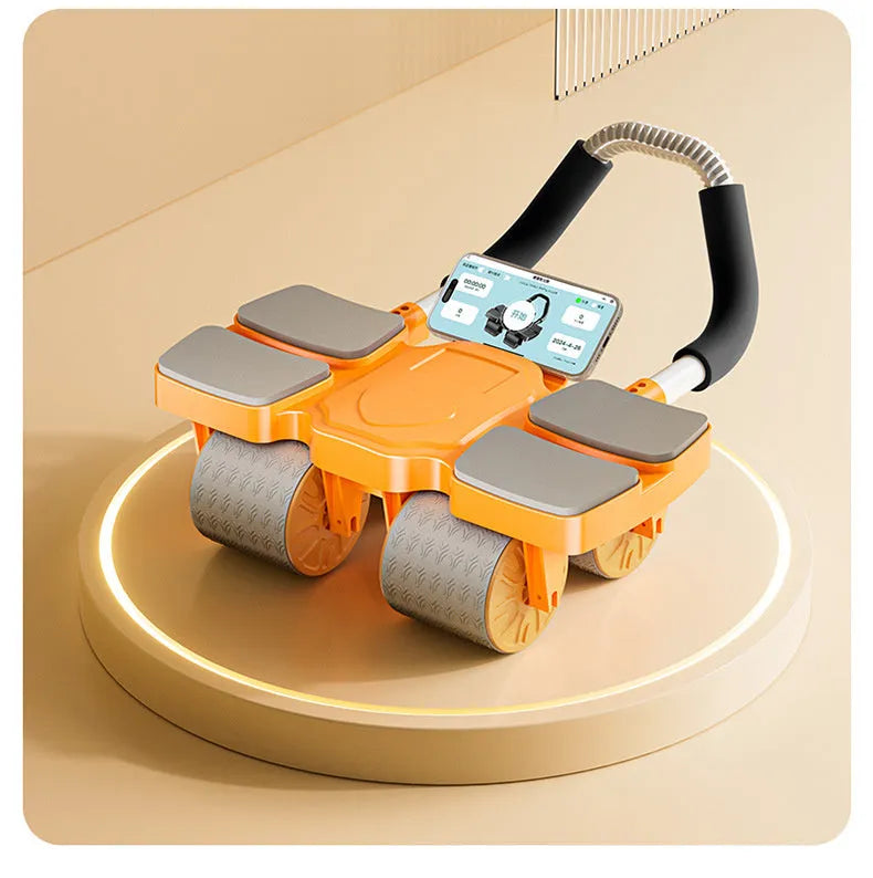 Automatic rebound abdominal exercise wheel with four wheels, shown in black colour.