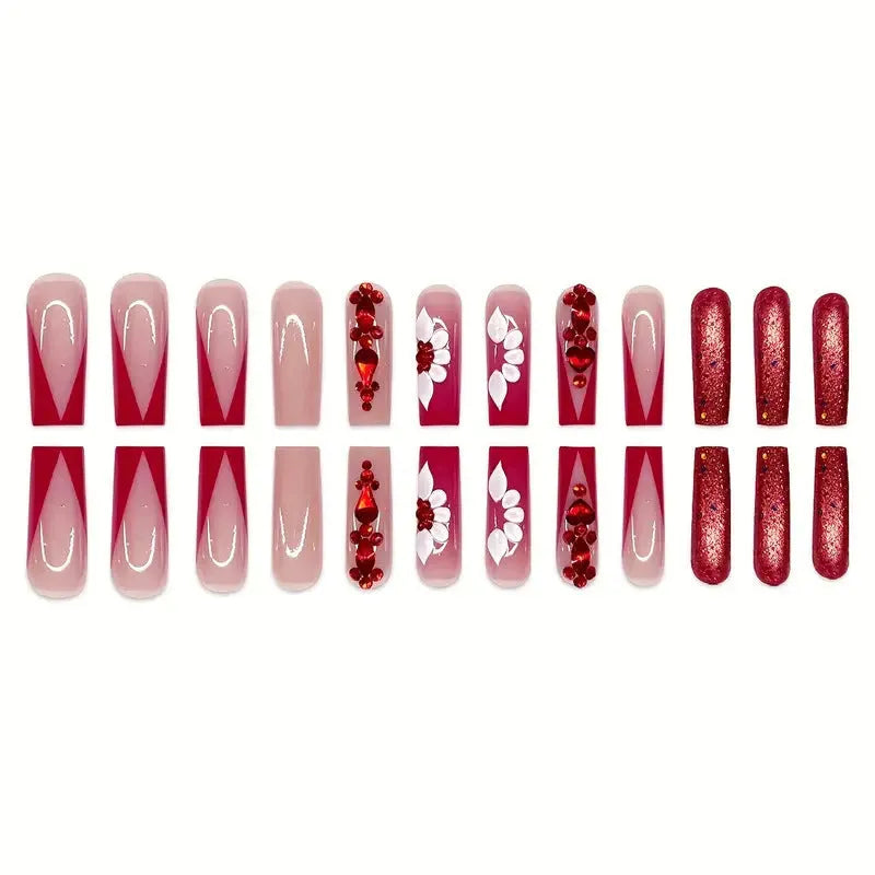 Sweet flower pattern fake nails with red prismatic diamonds in European square shape