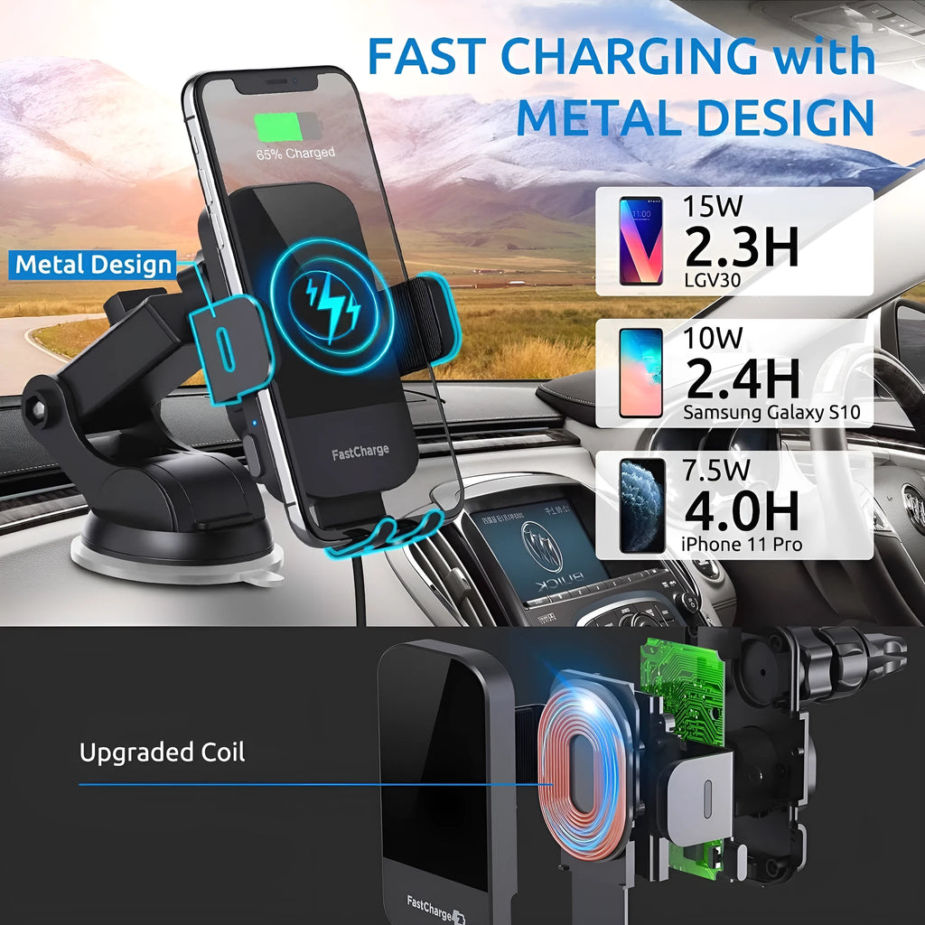 Black 15W fast wireless car charging stand showing air vent clip and dashboard mount options