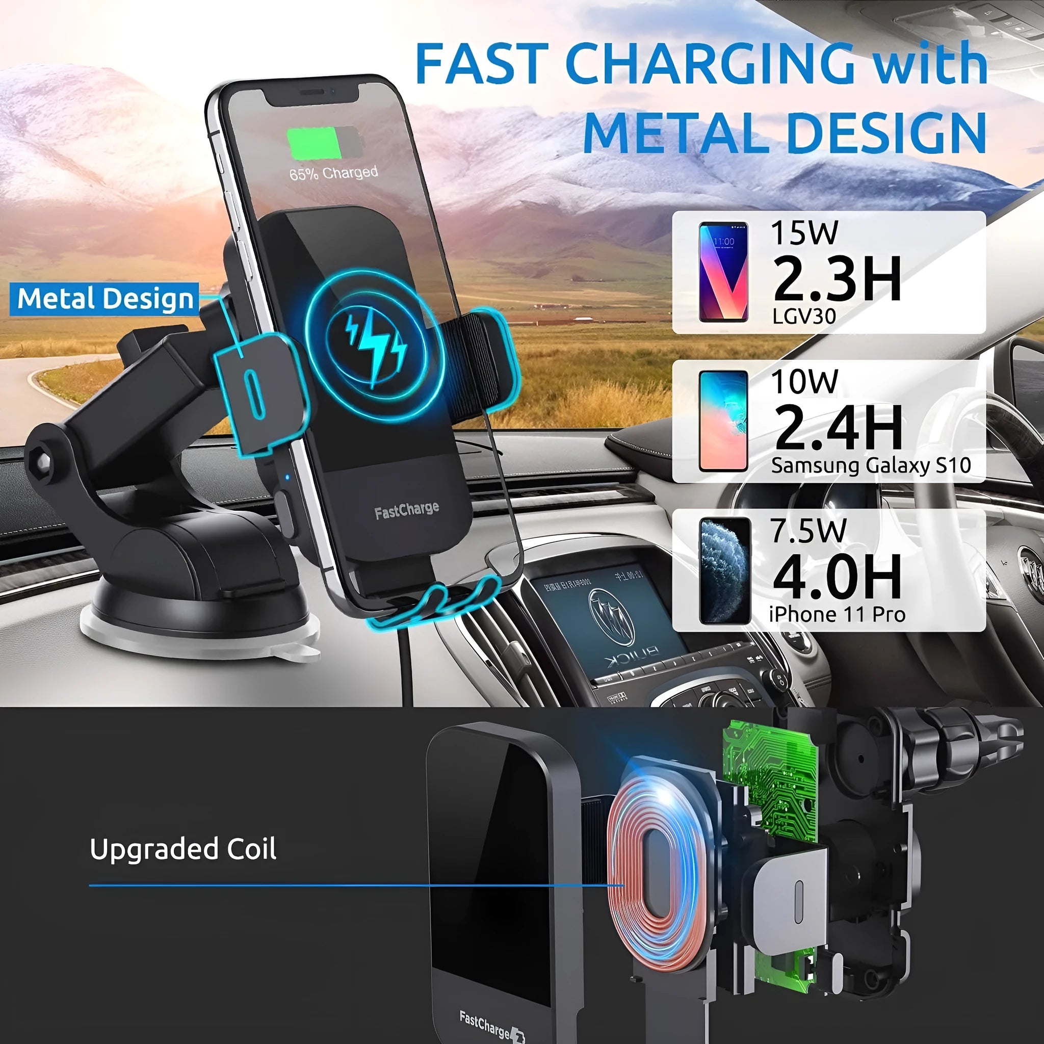 Black 15W fast wireless car charging stand showing air vent clip and dashboard mount options