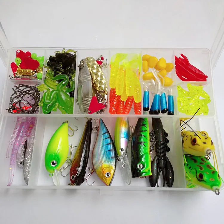142-piece fishing lure set showing hard mino swimbaits with sequins, metal pliers, and assorted plastic lures.