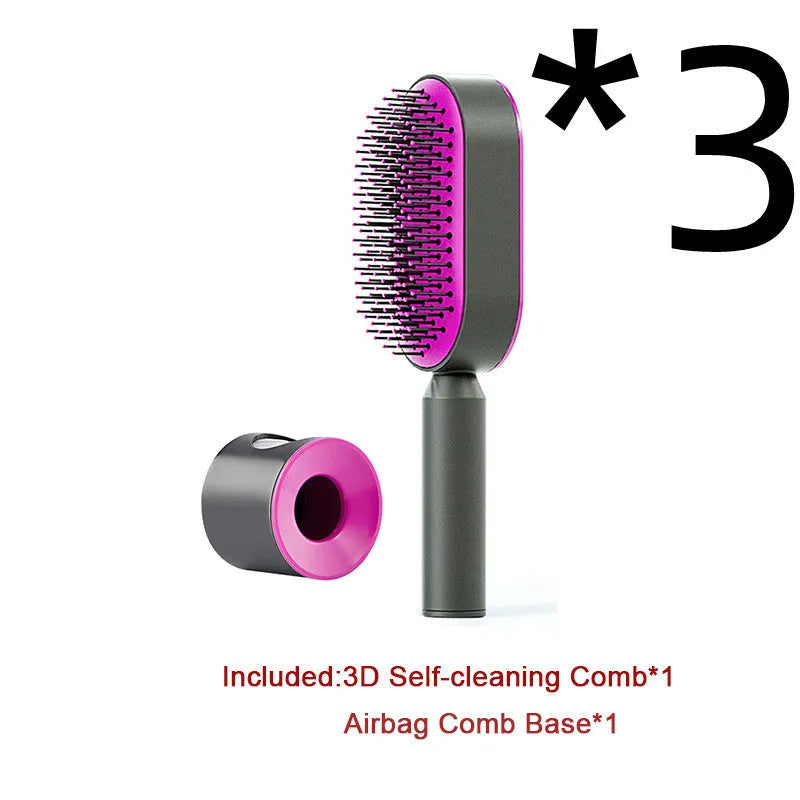 Self-cleaning air cushion hair brush in white, black gold, or black purple with ergonomic handle