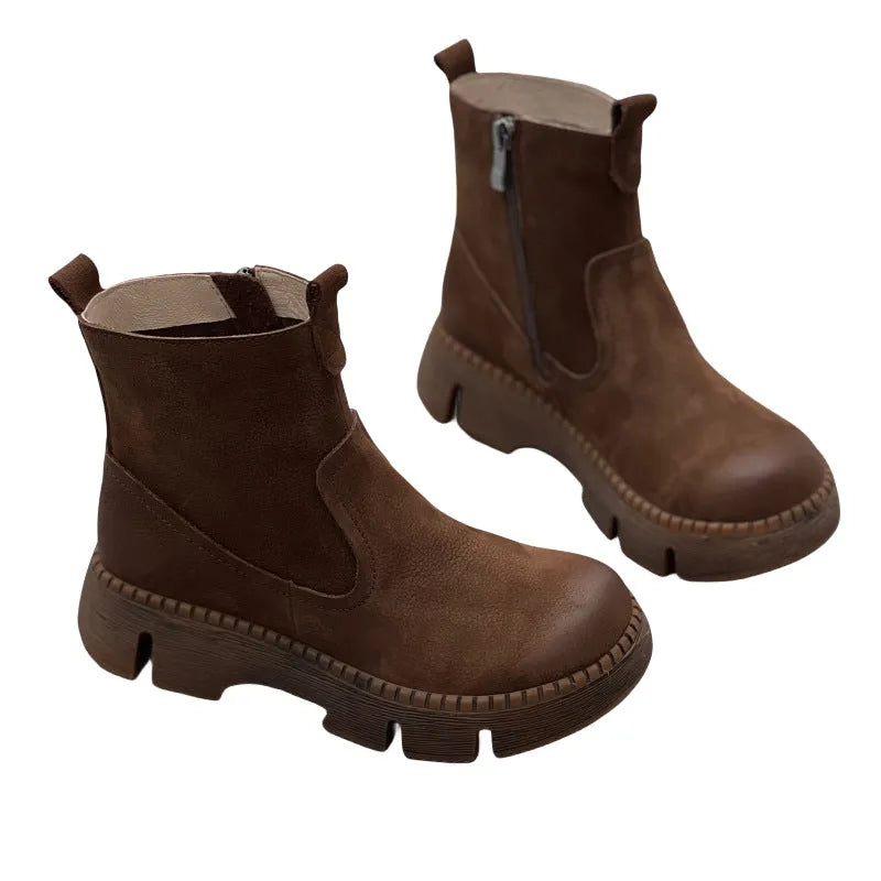 Women's round toe solid colour mid heel leather boots with side zipper in brown