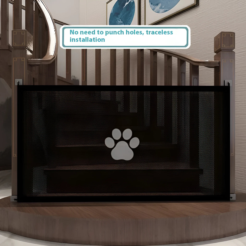 Folding dog barrier with pet doorsill design in doorway setting