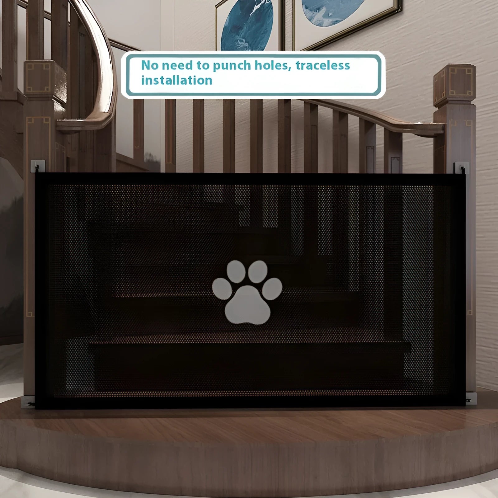 Folding dog barrier with pet doorsill design in doorway setting