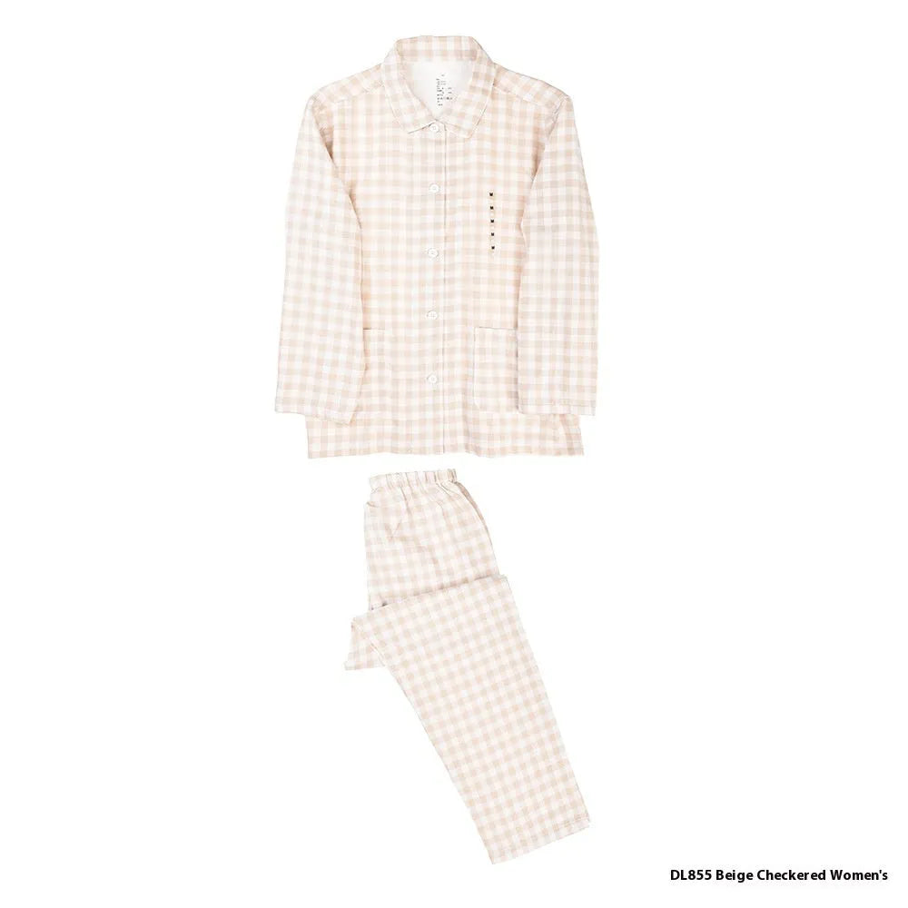 Double-layer cotton yarn pajama set in plaid design for men and women, includes top and trousers in multiple colours