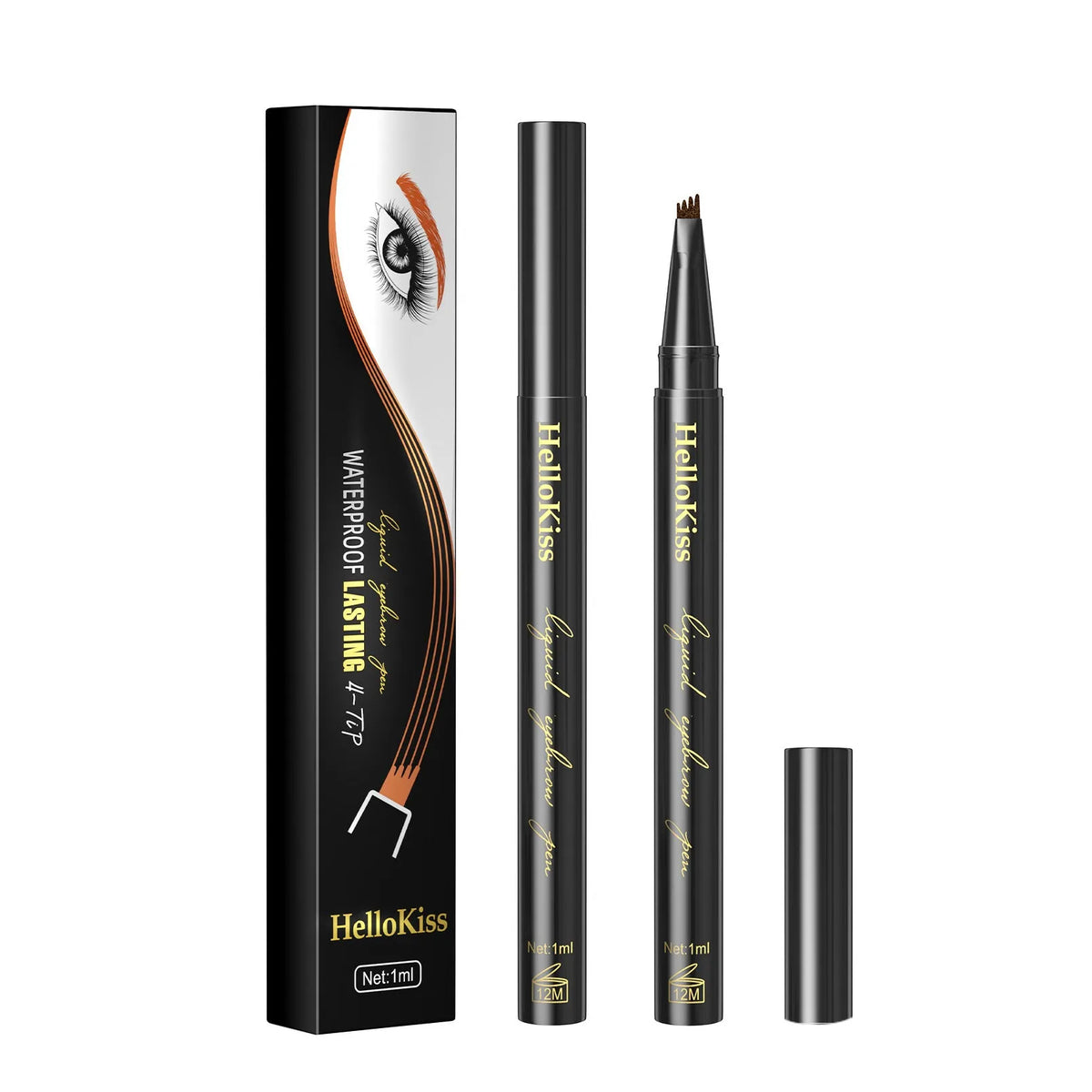 Hellokiss four-fork waterproof eyebrow pencil with ultra-fine tip in light brown, dark brown, light grey, and dark grey