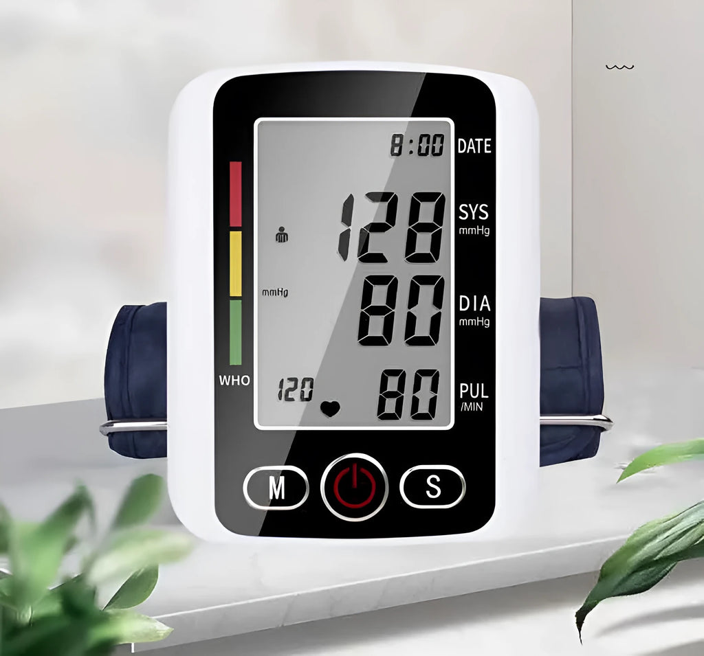 Automatic arm blood pressure monitor with large digital screen on ABS plastic body
