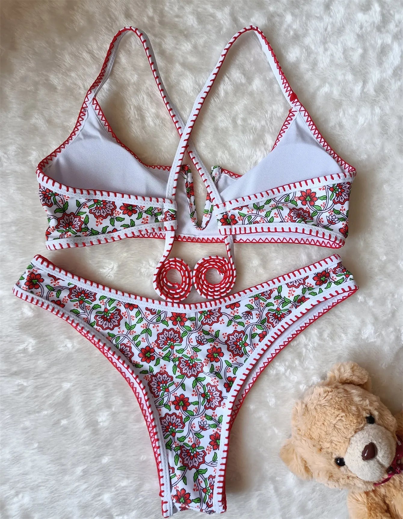 Women's V-neck embroidered swimsuit with floral print in briefs style