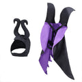 Black polyester Halloween dog cloak and hat set on a small dog, showing the cape and matching headpiece