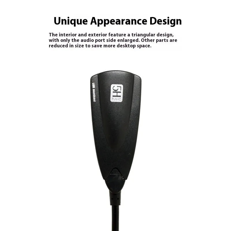 Black 5HV2 external sound card with cable, 7.1 channel support for karaoke chat, triangular design.