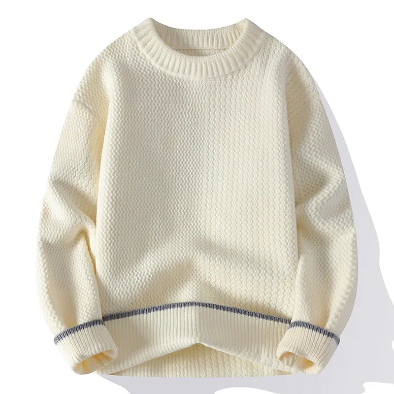 Men's loose fit round neck pullover sweater in grey, shown on a model