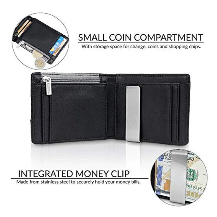Men's black fibre leather card holder money clip wallet with horizontal square shape and cash clip open
