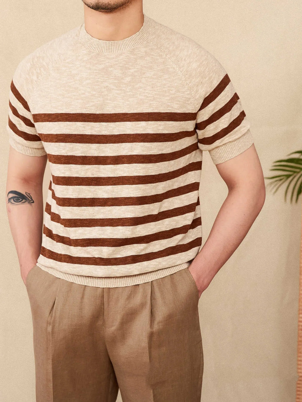Linen cotton blend stripe t-shirt in coffee colour with round neck and short sleeve design