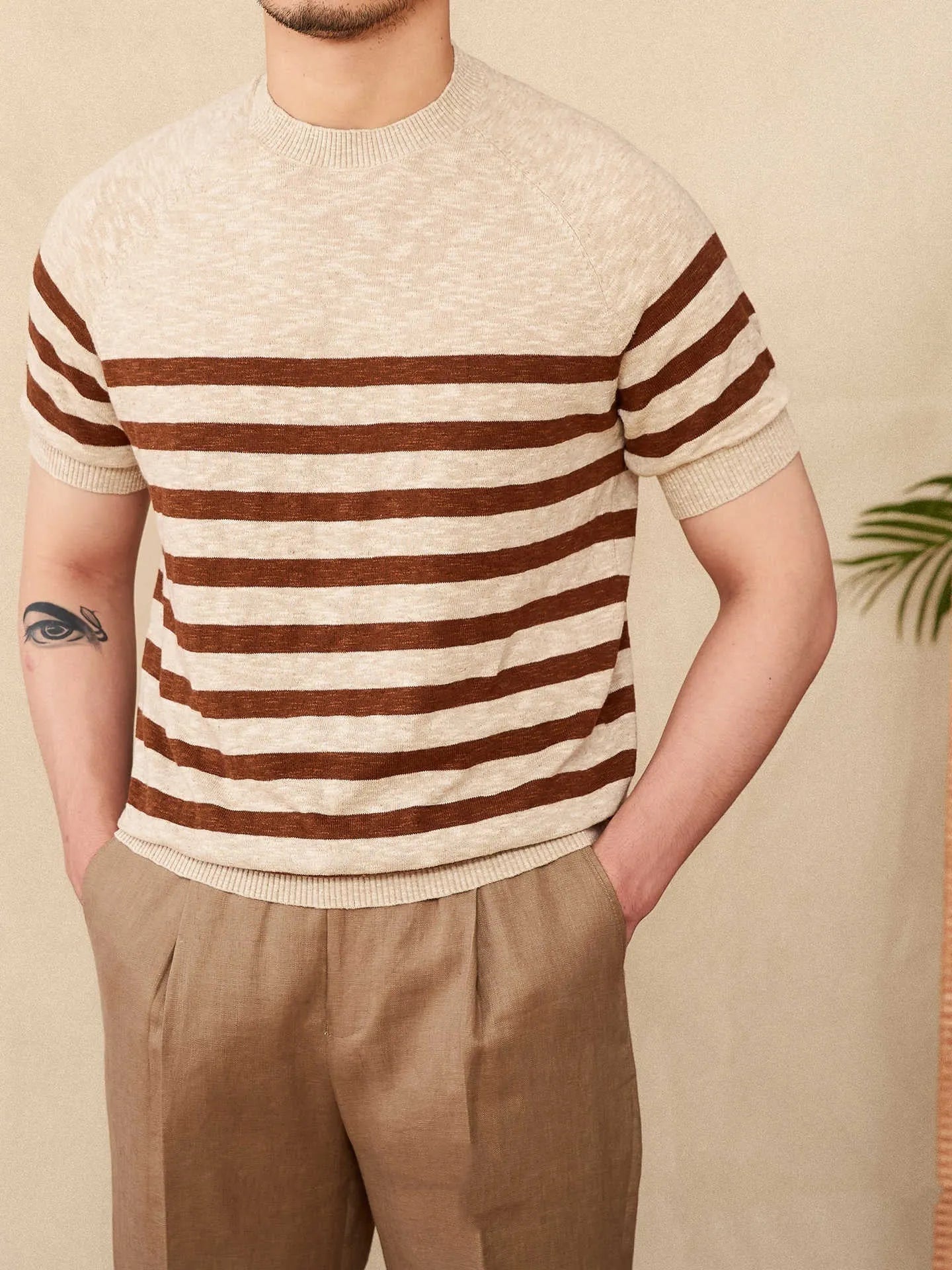 Linen cotton blend stripe t-shirt in coffee colour with round neck and short sleeve design