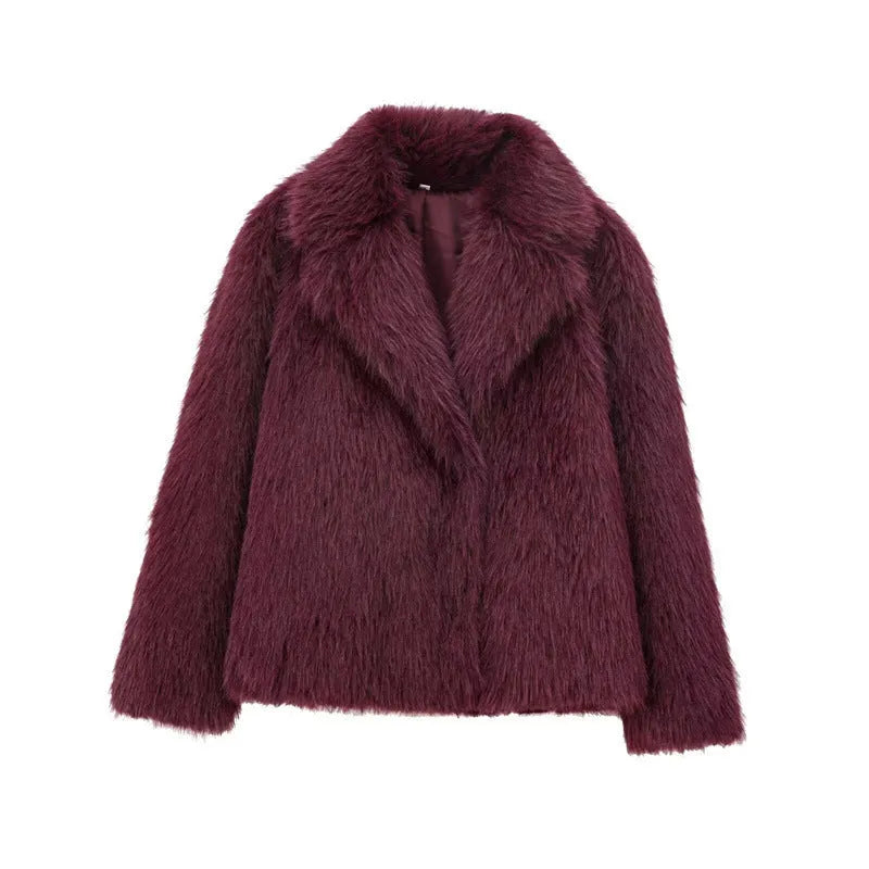 Women's faux fur jacket with lapel collar, long sleeves, solid colour, 50cm length, sizes XS to L