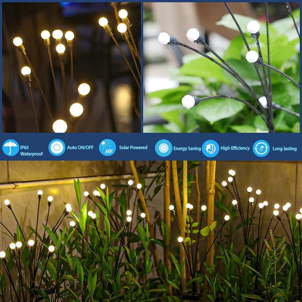Solar-powered garden lamp with automatic light sensor and ground stake, showing warm white and coloured LED options.