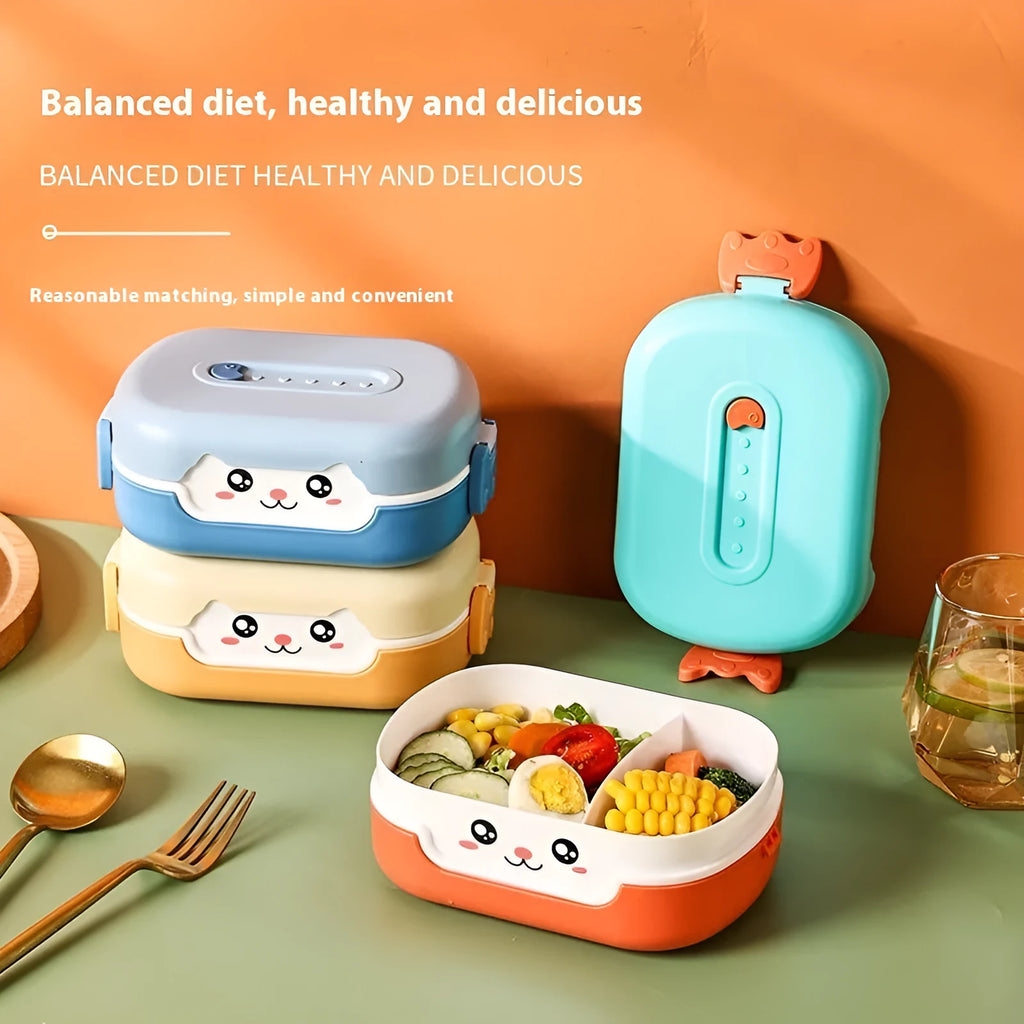 Square plastic divided lunch box with cartoon design in blue, pink green, or orange colour options