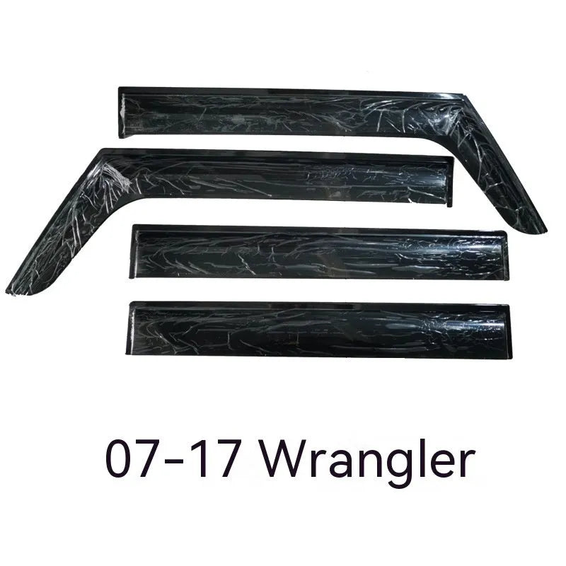 Four PVC rain visors for Jeep Wrangler side windows, compatible with 2007-2021 models without highlight strips