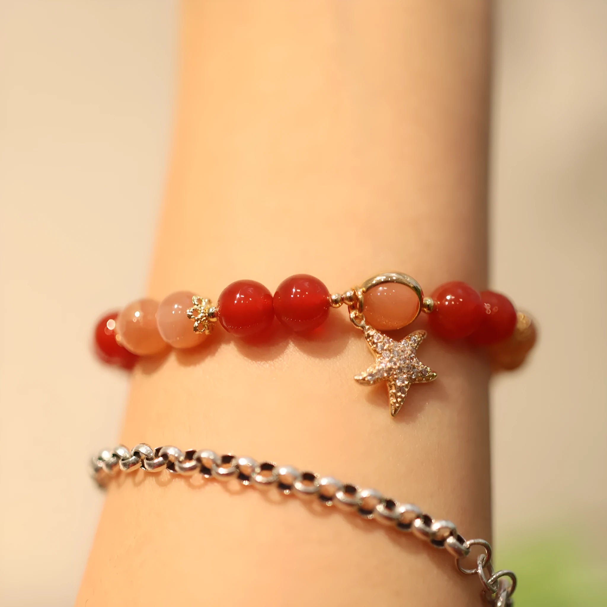 Handmade women's bracelet with red agate and sands orange sunstone 8mm beads in ethnic style