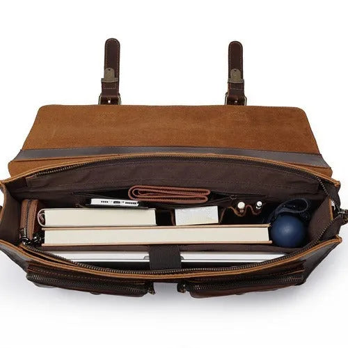 Genuine cowhide leather crossbody computer bag in solid colour with visible sewing lines