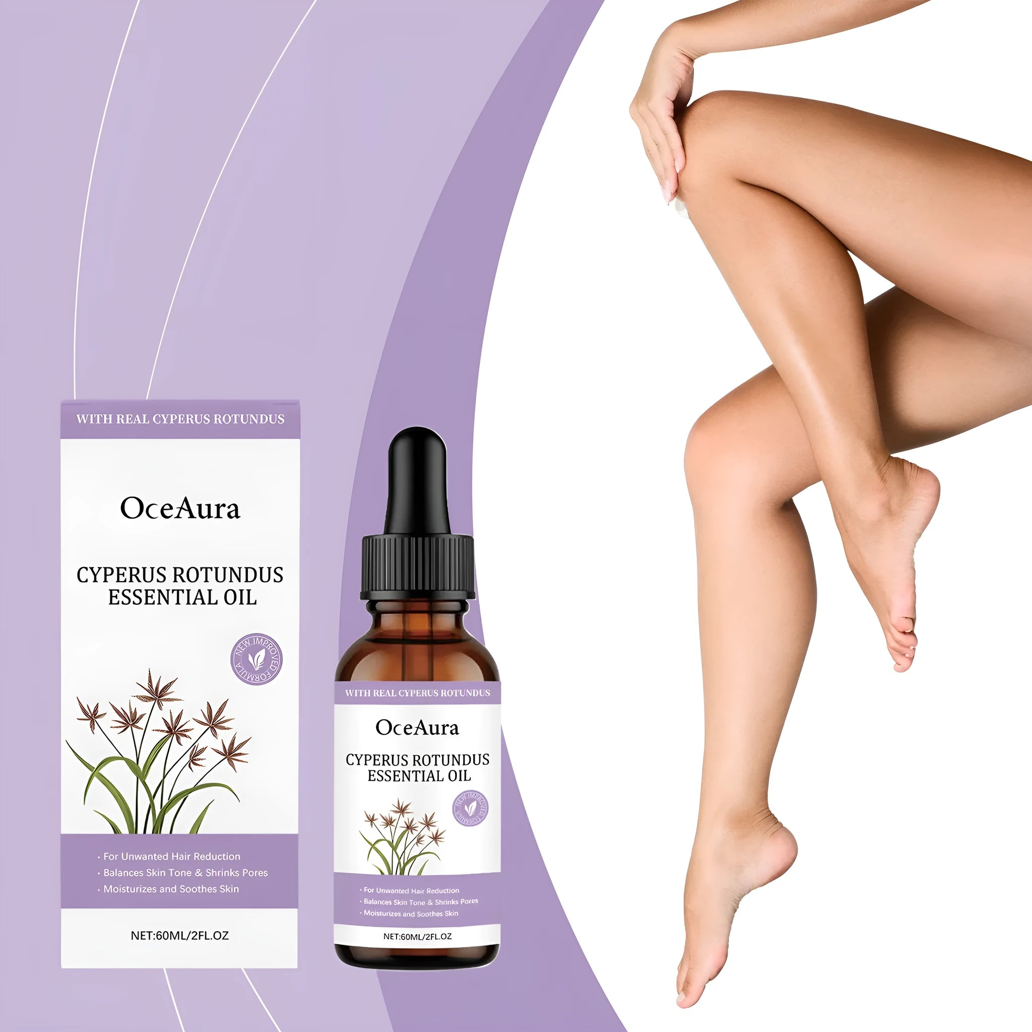 60ml bottle of hair removal treatment oil with natural extracts for skin softening