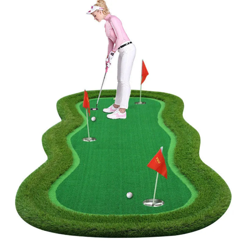 Large green artificial lawn putting mat 1.5x3m on indoor floor for golf practice
