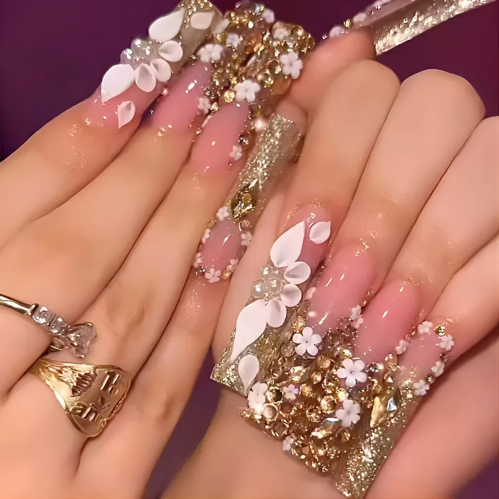 French Gold Pile Rhinestone Fake Nail Patch in Z1046 Flash Galaxy colour with plastic armour piece