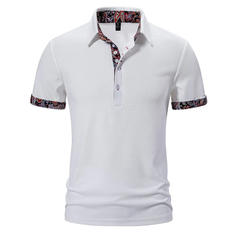 Men's short sleeve polo shirt in cotton blend fabric, showing turnover collar and colour stitching detail.