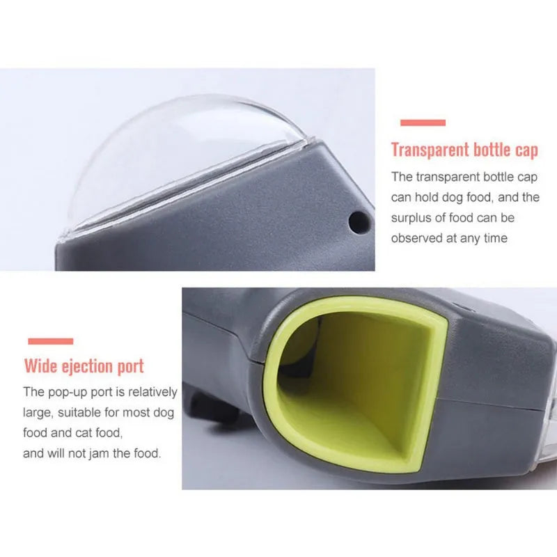 Grey plastic pet snack catapult launcher toy with a handle for dog and cat interactive training.