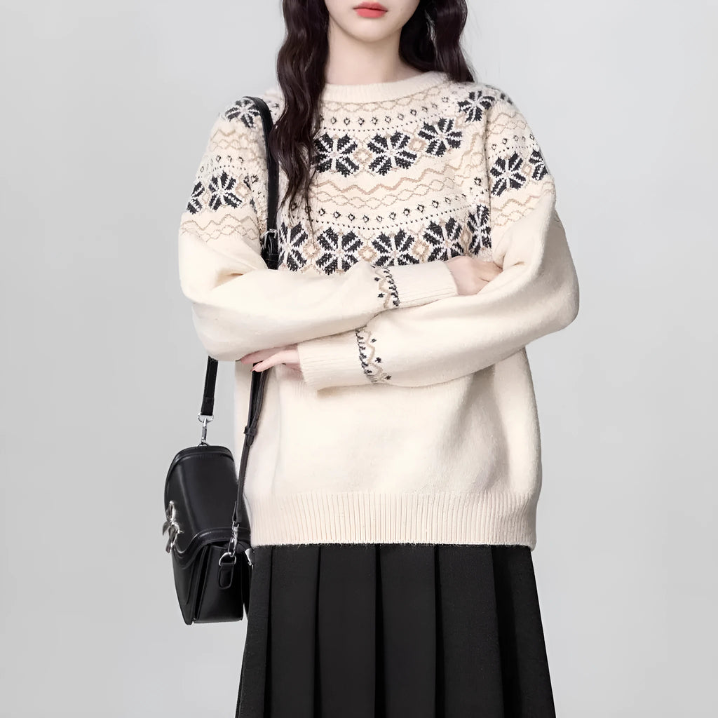 Milky White women's vintage Fair Isle geometric pattern pullover sweater with a loose fit and crew neck.