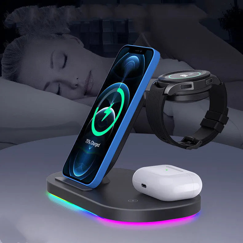 Three-in-one fast wireless charger in black or white, showing charging areas for phone, watch and headphones.