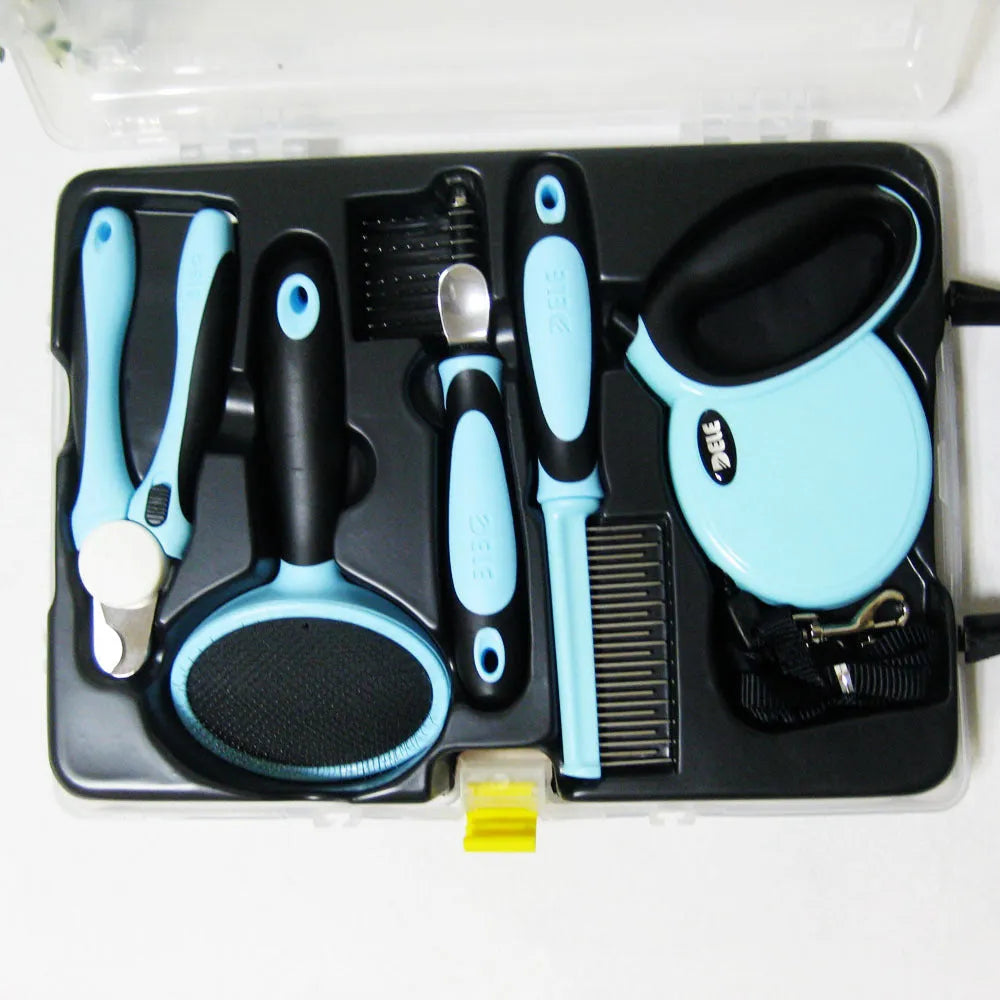 Blue dog grooming kit with traction rope, nail clippers, and comb set in plastic storage box.