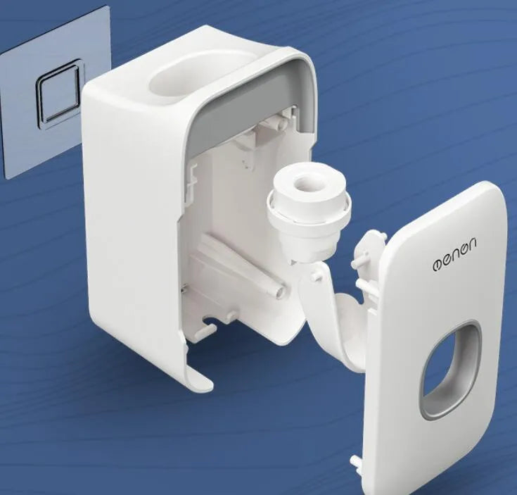 Automatic toothpaste dispenser mounted on bathroom wall in blue colour with touchless sensor