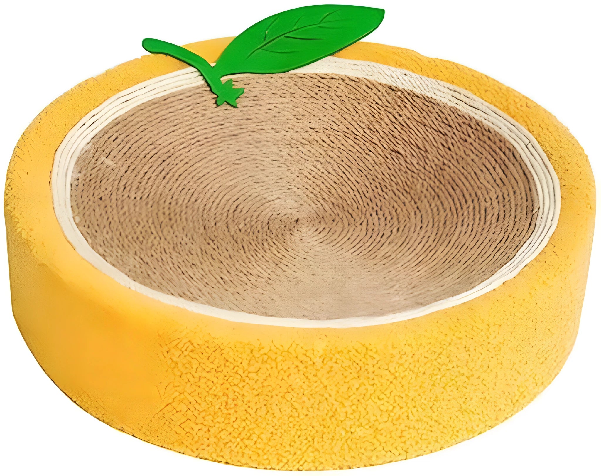 Yellow round sisal cat scratching board and bed with a concave centre for cats.