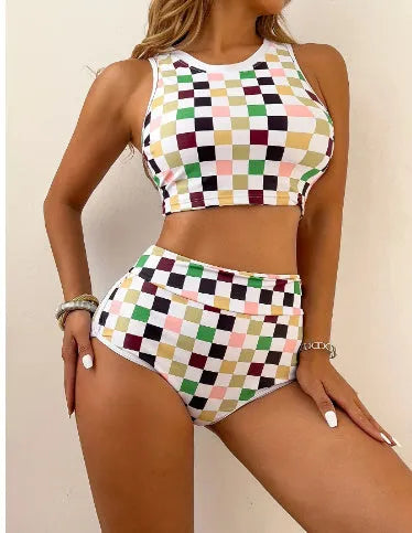 Women's checkerboard pattern racing one-piece swimsuit with backless design and suspender straps