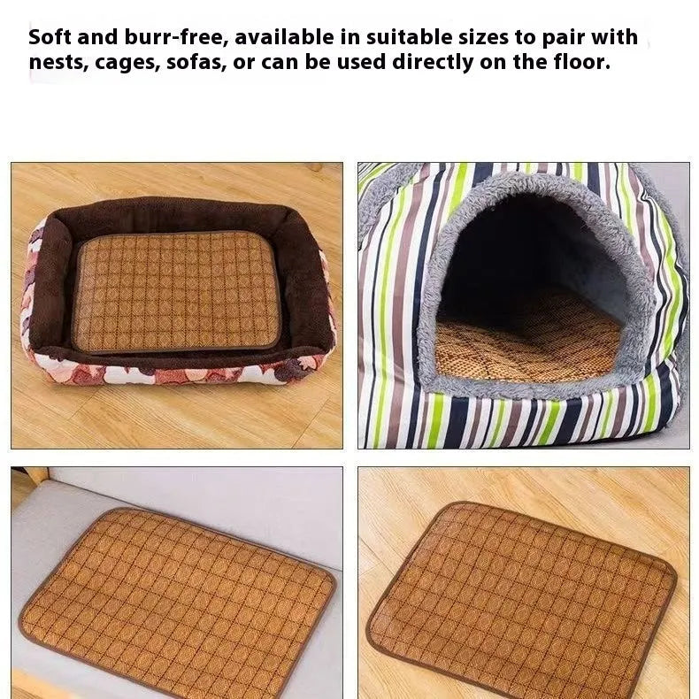 Brown woven rattan dog cooling mat showing open weave pattern for breathability